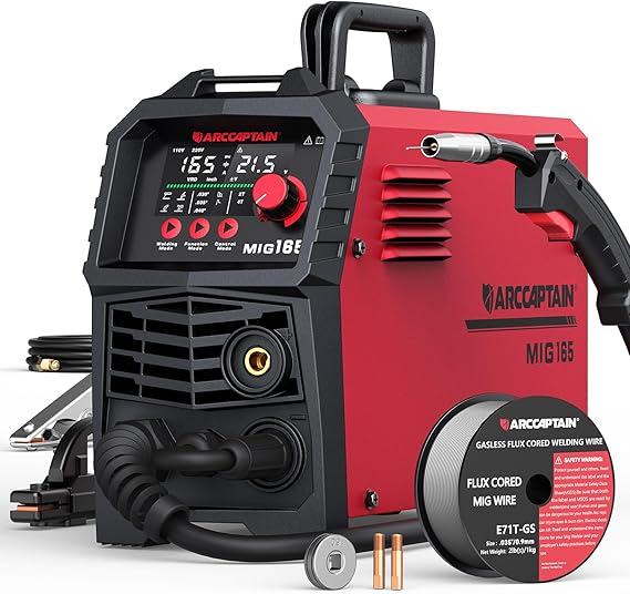 ARCCAPTAIN 165A MIG Welder 110V 220V 4-in-1 Gasless Gas MIG Stick Lift TIG | Clear Dispaly, Beginner Friendly, Synergy Control, 2T 4T, IGBT Inverter, Wire Feed Welder, Home Repair, DIY Metalworking Tool
