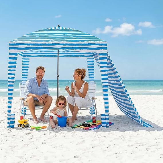 NEWBULIG 6'x6'Beach Cabana Shelter UPF 50 + Sun Beach Tent Protection, Cool Cabana Canopy Detachable Side Wall, 4 Corner Pockets, 4.2 kg Compact Design for Shade/Camping, Light Blue Stripes