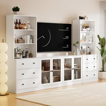 TUSY 71" Large TV Stand Set - TV Entertainment Center for TVs up to 65", Media Center with Tempered Glass Doors and Drawer, TV Hutch with Bookshelves for Living Room (White, BDDB)