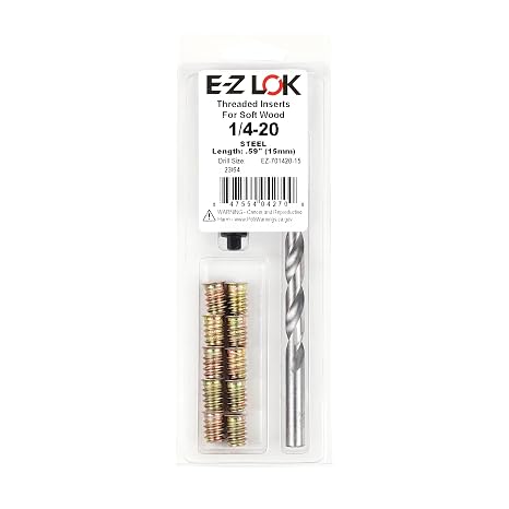 E-Z LOK Threaded Inserts for Wood, Repair Installation Kit, Includes Steel Hex Drive Flanged Thread Inserts, 1/4-20 Internal Thread, 15mm Length, Drill, Installation Tool