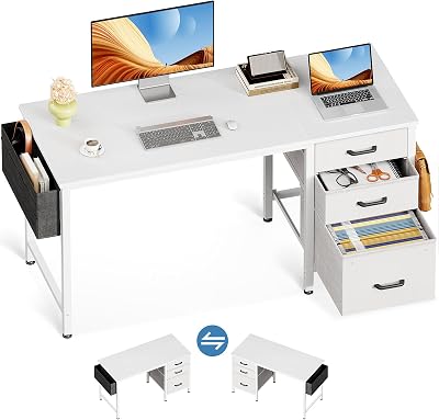 Casaottima 40 Small Computer Home Office Desk for Bedroom with Fabric Drawers & File Cabinet, Cloth Storage Bag and Hook, Writing Study Work Table for Small Space, White