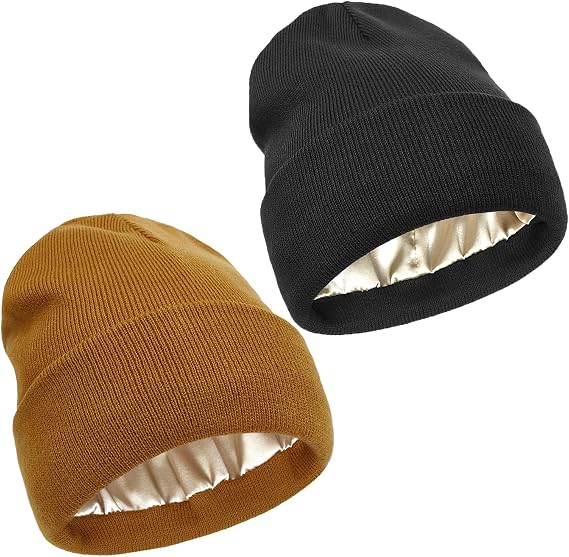 Facecozy 2 Pack Satin Lined Beanie Hats for Women Soft and Warm Winter Hats for Women Men Slouchy Beanie Hat