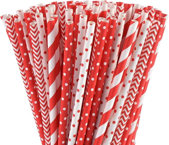 ALINK Biodegradable Red Paper Straws Bulk - 100 Dots/Stripes/Waves Straws for Beverage, Christmas, Holiday, Birthday, Wedding, Baby/Bridal Shower, Party and Decoration