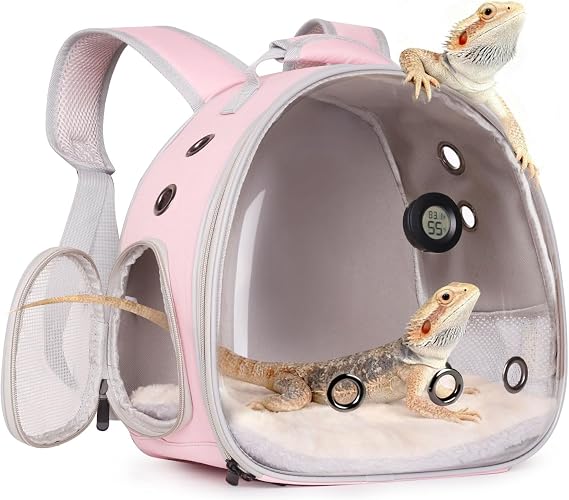 Bearded Dragon Backpack Carrier w/Reptile Thermometer Hygrometer, Clear Bubble Window Astronaut Space Capsule Travel Bag for Leopard Gecko, Ball Python, Lizard, Hermit Crab, Spider, Guinea Pig