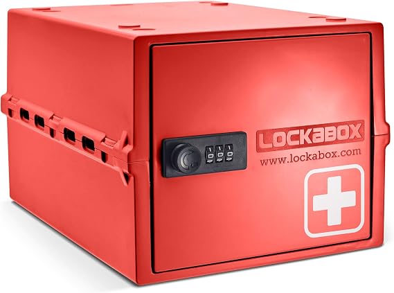 Lockabox OneTM | Premium Medicine Lock Box | Medium Medication Lock Box With Code For Medicines, Vitamins & Supplements | External Size 12 x 8 x 6.6 inches (Medi Red)