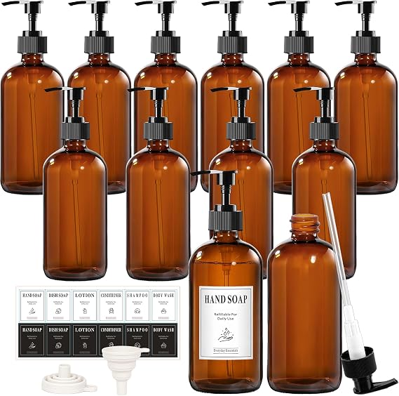 TBWIND 12 Pack 16oz Amber Glass Bottles with Pump Dispensers