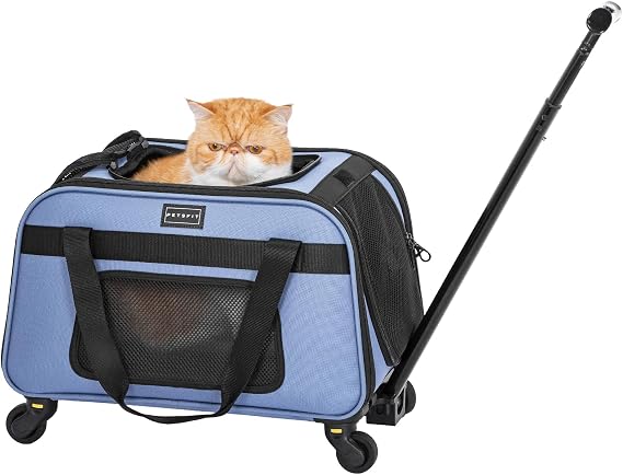 Petsfit Cat Carrier with Wheels, Removable Spinner Wheels, Up to 13 lb | Fits pets up to 15 L x 8 H in and 13 lb; removable spinner wheels, anti-sag frame, 4-sided mesh, safety tether and locks.