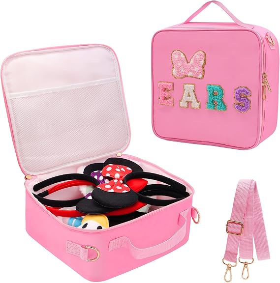 Chenille Letter Bow Mouse Ears Travel Case for Girls Women Kids Adults | Park Ears Headband Holder Hair Accessories Organizer Bag, Large Makeup Bag Snack Bags with Zipper for Travel Picnic - Pink