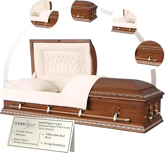 Overnight Caskets Montana Poplar Wood Casket with Cream Velvet Interior