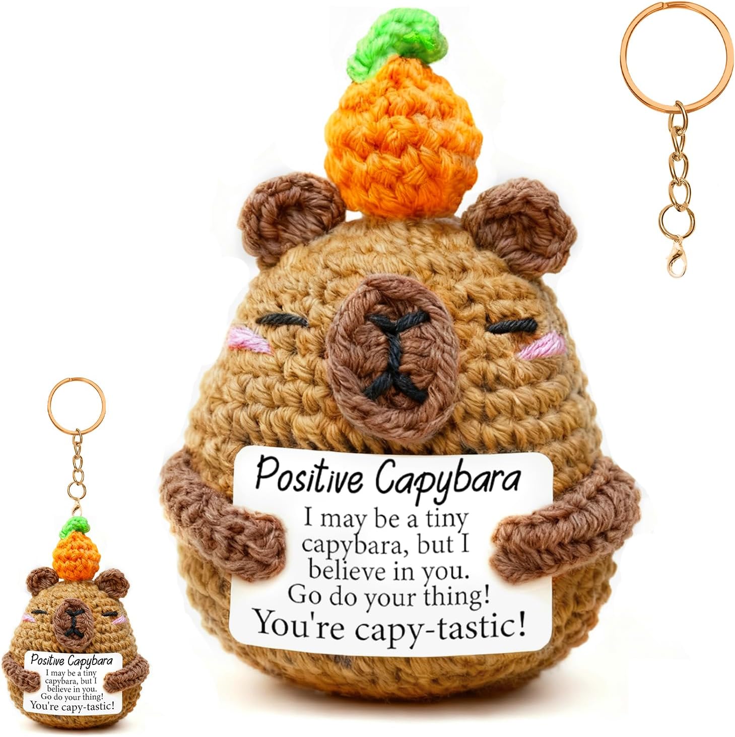 Positive Small Capybara Gifts for Women Handmade Emotional Support Crochet Cute Capybara Stuff with Keychain Christmas Stocking Fillers,Thank You,Birthday Gifts for Women,Best Friend,Girls Room Decor