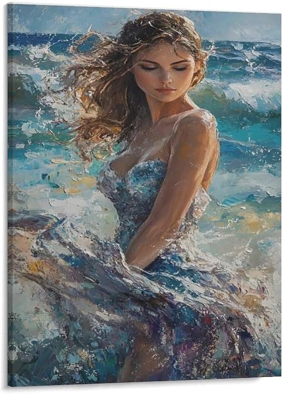 Sexy Woman Body Painting on Canvas Poster Ocean Wave Beauty Portrait Blue Seascape Textured Brush Stroke Dining Room Decor, Bedroom Art, Wall Decor Living Room,Frameless 8x10inch