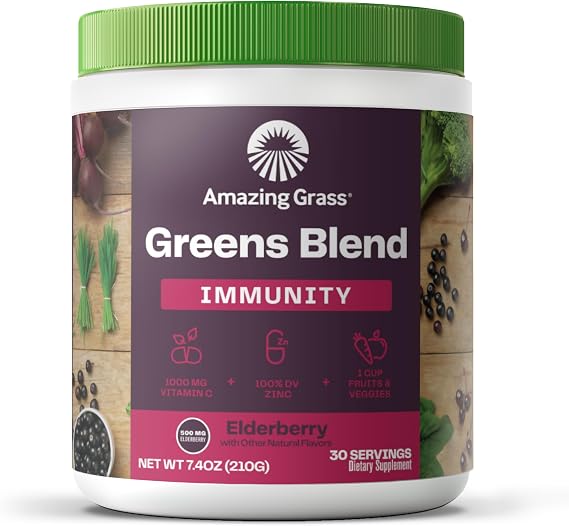 Amazing Grass Greens Blend Superfood Immunity, Super Greens Powder Smoothie Mix for Immune Support, Spirulina, Chlorella, Beet Root, Probiotics, Elderberry, 30 Servings, 7.4 Ounce (Packaging May Vary)
