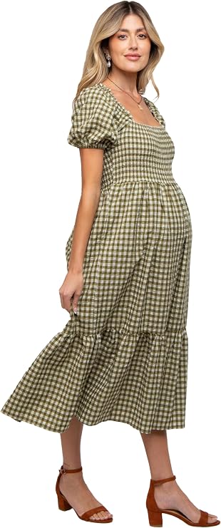 PinkBlush Olive Gingham Smocked Maternity Midi Dress