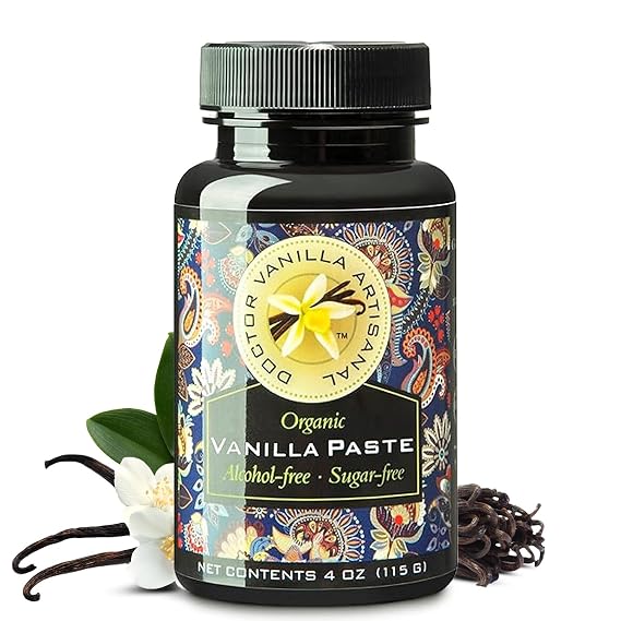 Organic Vanilla AlcoholFree Paste, 4 fl oz - Madagascar Bourbon vanilla, 100% natural, sugarfree, GMOfree, glutenfree, vegan, paleo, keto, kosher, and halal