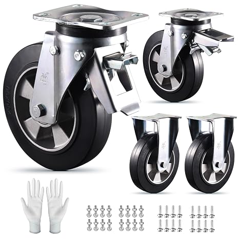 Super Heavy Duty Plate Casters Load 4400Lbs 8 inch Casters Set of 4 Swivel &amp; Fixed Industrial Aluminum Core Elastic Rubber Wheels for Cart Furniture and Workbench Locking Outdoor Dolly Rigid Castors
