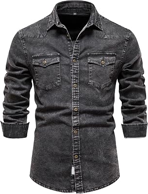 Mens Double Pocket Snap Denim Shirt Casual Regular-Fit Denim Shirt Mens Jean Shirts Coat
