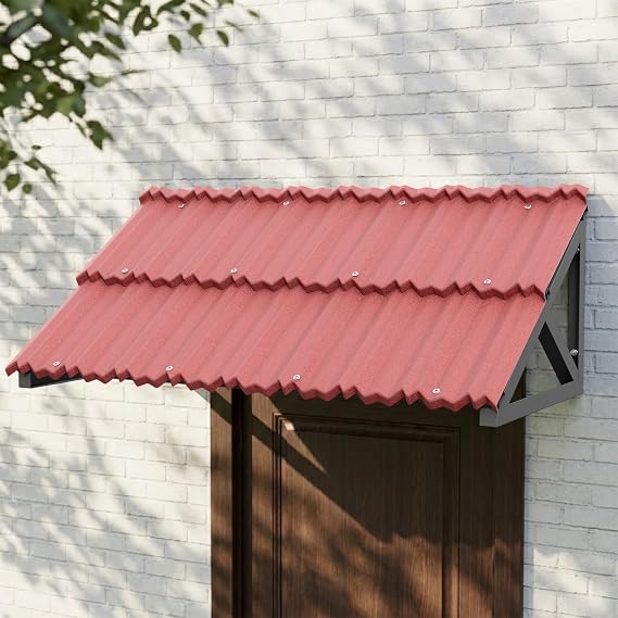 Fixed Metal Awning for Door Entrance, 52.7in x 29in, Triangular Steel Frame and Stone-Coated Steel Panel - Protects from Rain, Snow & Sun, for Porch, Windows, Patio & Balcony, Red