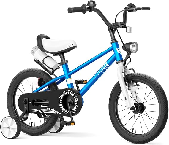 67i Boys Toddler Bike with Training Wheels, 12/14/16 Inch, Adjustable Handlebar & Seat, Bell, Water Bottle Cage, Reflective Stripes & Front Light - Bicycle for Kids 3-8 Years Old (Blue, 14 inch)