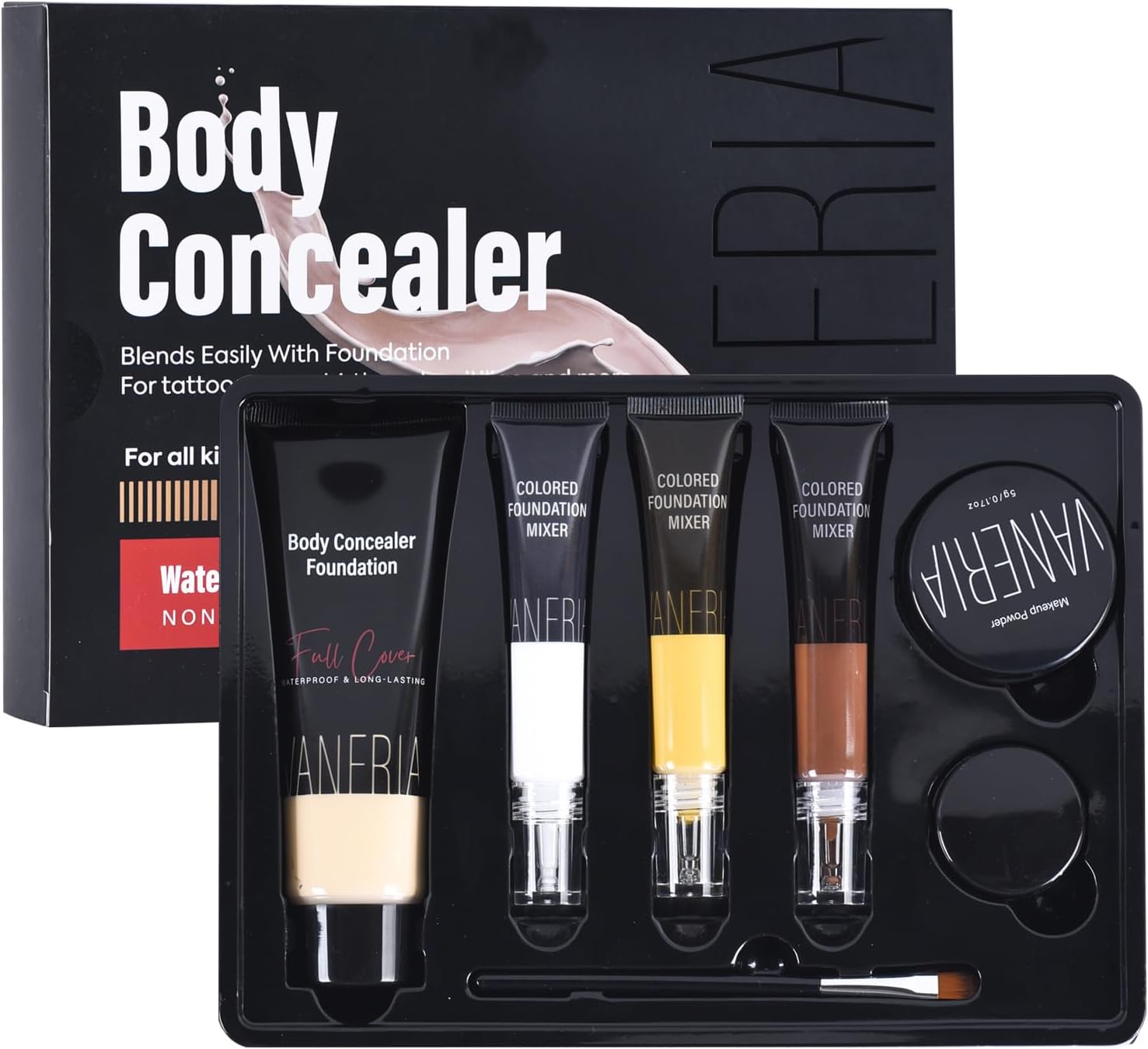 VANERIA Body Concealer Kit - Tattoo Cover Up Makeup, Waterproof & Long - Lasting - Conceal Scars, Spots & Vitiligo, Birthmarks - All Skin Tones
