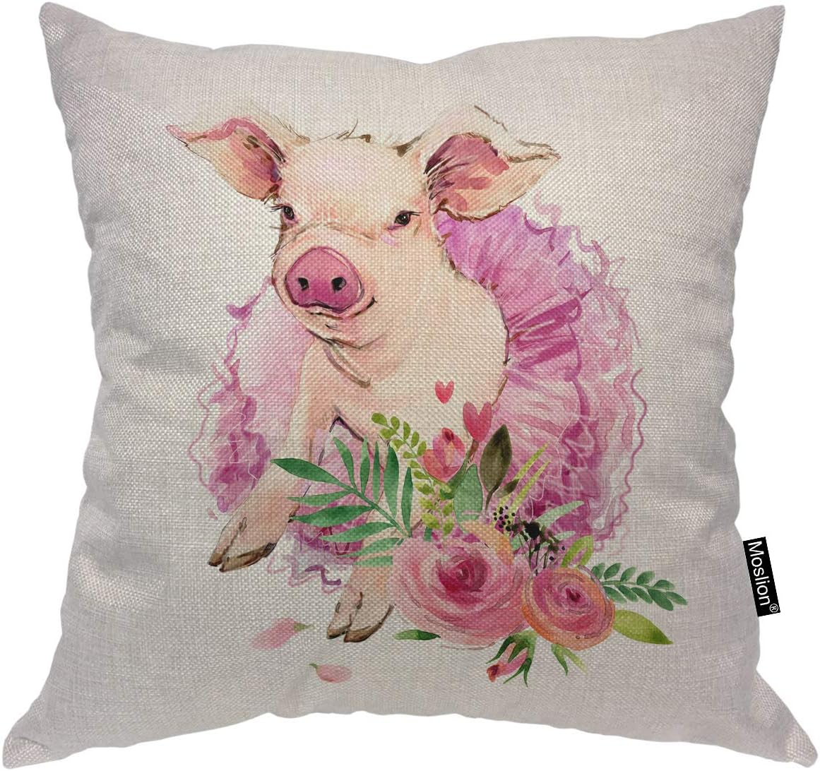 Moslion Pig Pillow Case Cute Farm Animal Piggy with Pink Ballerina Dress Flowers Leaves Throw Pillow Cover Decorative Square Cushion Accent Cotton Linen Home 18x18 Inch