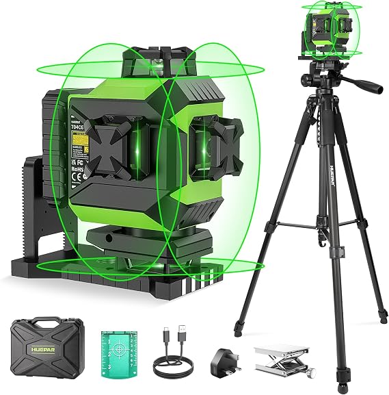 Huepar 360 Laser Level Self-Leveling Cross Line Laser Level 4D Green Beam 197Ft. Laser Tool 67.72" Lightweight Extendable Tripod, Li-ion Battery, Magnetic Base, Hard Carry Case-704CG&T16A