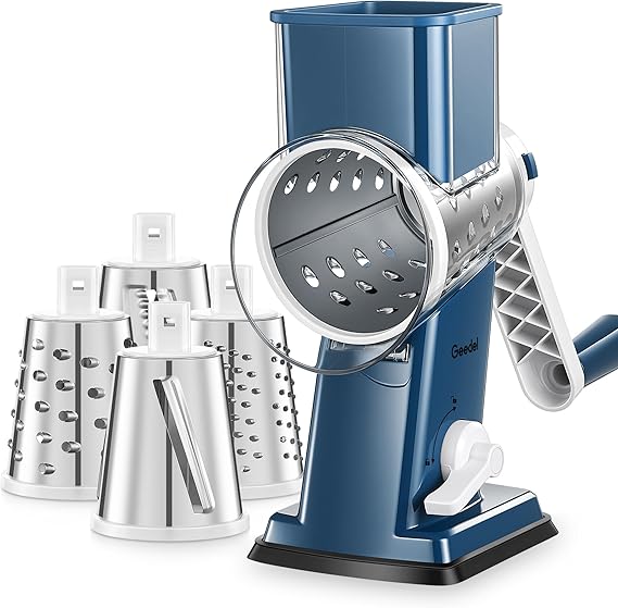 Geedel Upgraded Rotary Cheese Grater Hand Crank, Vegetable Shredder Slicer | 4 Blades, Stronger Suction Base, Wider Chute, 18x Faster Cutting, No BPA, Stainless Steel, for Cheese, Veggies, Nut
