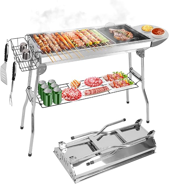 Portable BBQ Grill, Foldable Charcoal Grill Lightweight Smoker Grill for Outdoor Cooking Camping Hiking Picnics Tailgating Backpacking Party (Large gril(39x13.4x28"))