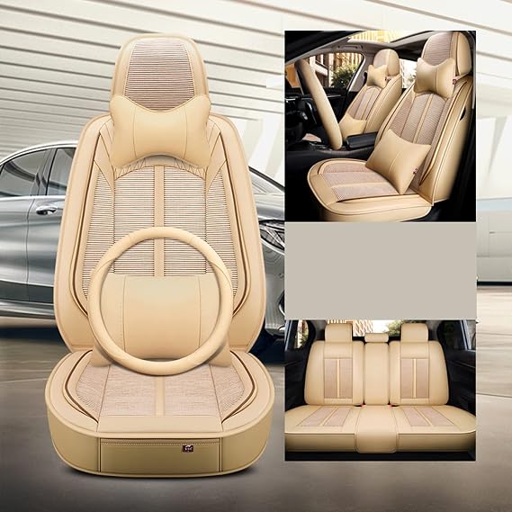 Car Seat Protector Leather Luxury Full Set Universal Front Rear Seat Car Interior Cushion Fit 5 Seats Car Breathable Comfortable Beige