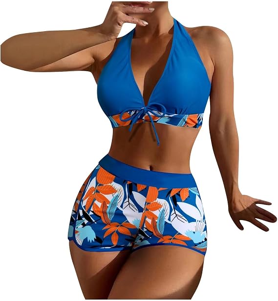 Two Piece Swimsuit for Women,2024 Summer Sexy Halter Tie Bikini Sets,Trendy Print Tropical High Waisted Swim Shorts