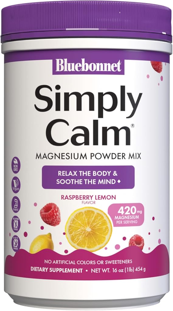 Bluebonnet Nutrition Simply Calm Powder, for Calm*, Muscle Cramps*, Stress Relief*, Soy-Free, Gluten-Free, Non-GMO, Kosher Certified, Dairy-Free, Vegan, 16 oz, 82 Servings, Raspberry Lemon Flavor | Stress Relief; Vegan, Vegetarian, Kosher