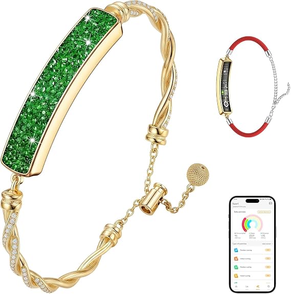 2-in-1 Crystal-Inlaid Smart Bracelet for Women, Jewelry Fitness Tracker with Heart Rate, Sleep & Cycle Tracking, IP68 Waterproof, Interchangeable Bands