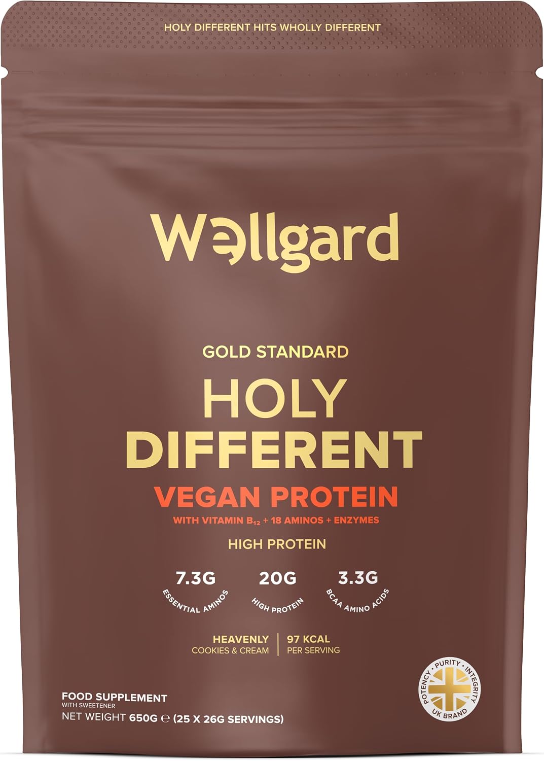 Wellgard Holy Different Vegan Protein Powder, 20g Plant Protein Powder, 18 Amino Acids Like Whey, Heavenly Cookies &amp; Cream, 97 Calories, BCAAs, B12, Digestive Enzymes, No Milk Needed, 650 Grams