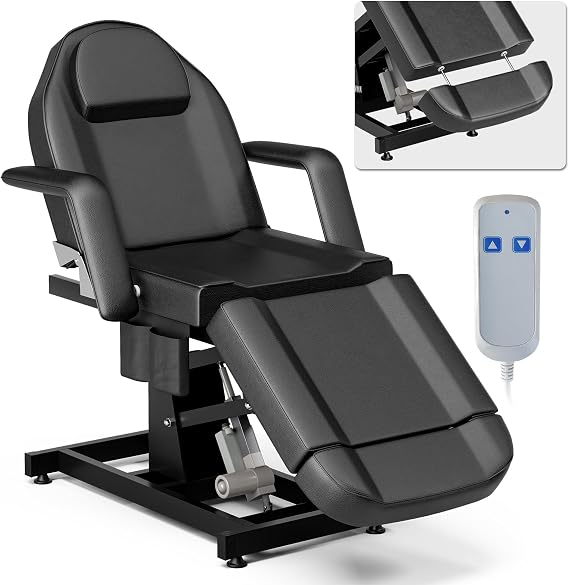 Professional Electric Massage Table 21'' - 33'' Height Adjustable, 73'' - 79'' Length Adjustable Tattoo Chair for Tall Clients, 3-Section Folding Spa Bed 440lbs (Black)