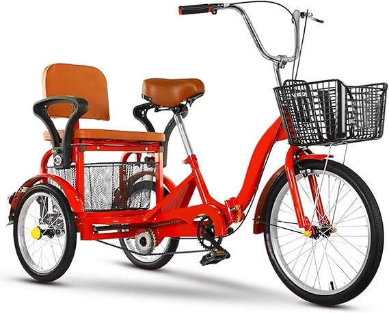 Folding Adult Tricycle,16inch Tandem Tricycle with Rear seat for Elderly,3 Wheels Cruiser Trike Bike with Sensitive Brakes,Saddle and Handlebar Height Adjustable,Cargo and Manned Trike, red