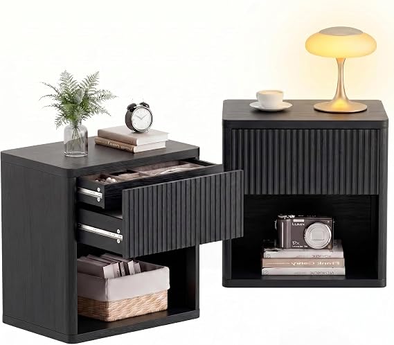 Fluted Nightstand Set of 2, 23" W Beside Table with 2 Drawers | Black End Table with Hidden Drawer & Open Shelf, Large Mid Century Modern Side Table for Bedroom