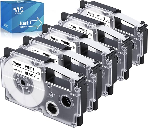 Weemay XR-9WE Compatible for Casio It Label Tape Cartridge Replacement for Casio EZ Printer Cassette 9mm 0.35 XR-9WE2S XR9WE2S for KL Label Maker KL-60 KL-100 KL-120 KL-750 KL-780, 5 Pack