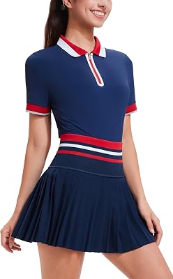 Tennis Skirt Sets for Women Zipper Color Block High Waisted Golf Polo Two Piece Skirt Set Women 2 Piece Outfits