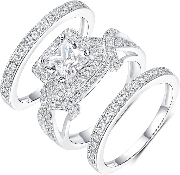 MDFUN Three-In-One Square Wedding Engagement Ring,18K Gold Plated Cubic Zirconia Promise Eternity Ring Set for Women