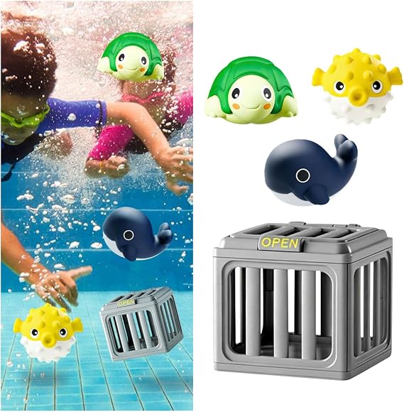 Pool Diving Cages Game Set with Animals Underwater Training Floating Sinking Cage Seek and Splash Pools Games Kit Sinkers Fun Summer Swimming Pool Party Gifts for Outdoor Beach Lake (3Animals+1Cage)