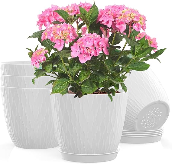 5 Pack 6 inch Planters for Outdoor Plants Indoor Plant Pots with Drainage Holes and Saucers, Modern Plastic Flower Pots for Plants Succulent Holiday Office House Home Decor Garden Pots White