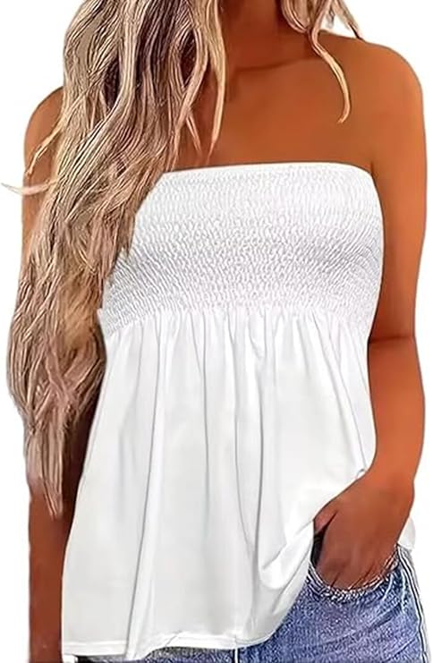 Womens Smocked Strapless Bandeau Tank Tops Tube Tops Backless Shirts | Flowy Tube Tops for Women Sleeveless Floral Tunic Tops