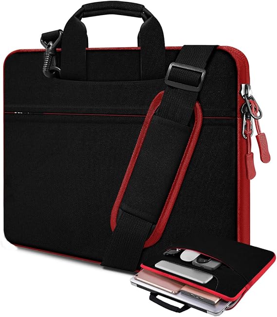 Laptop Case 15.6 inch Shoulder Bag, Durable Shockproof Protective Computer Carrying Briefcase with Multi-Pockets and Strap Compatible with Most 15.6 inch Notebooks,Black red