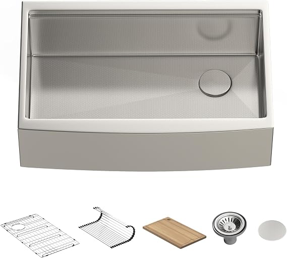 Lefton 33" x 22" Farmhouse Apron-Front Kitchen Sink, 304 Stainless Steel Sink with Grid, Drying Rack, Strainer for Kitchen, FS2501 (Brushed Nickel, 33" x 22")