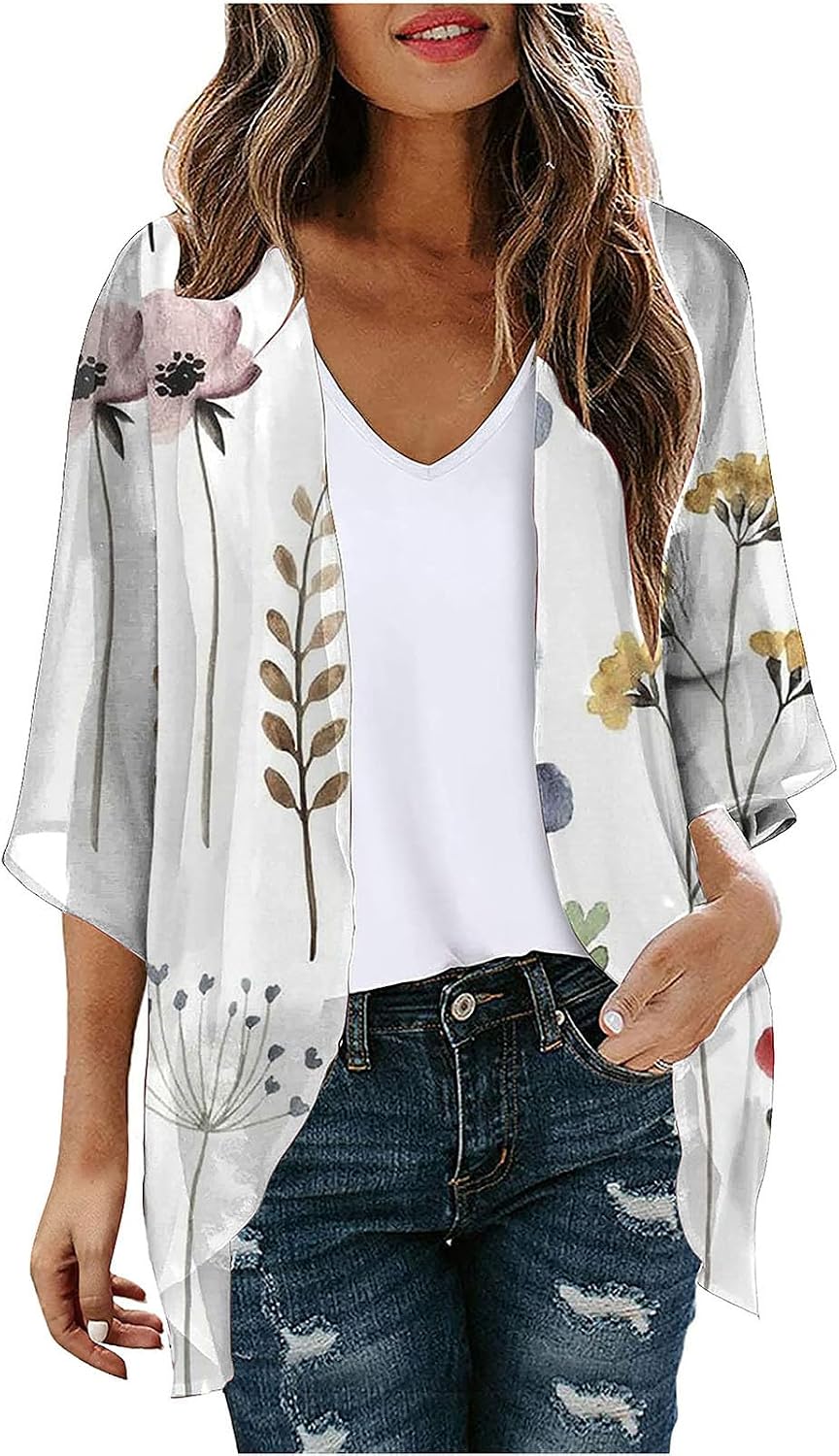 Women's Chiffon Kimono Cardigans Summer Hawaiian Shirts Tops Tropical Outfits Cover Ups Casual Loose Tops