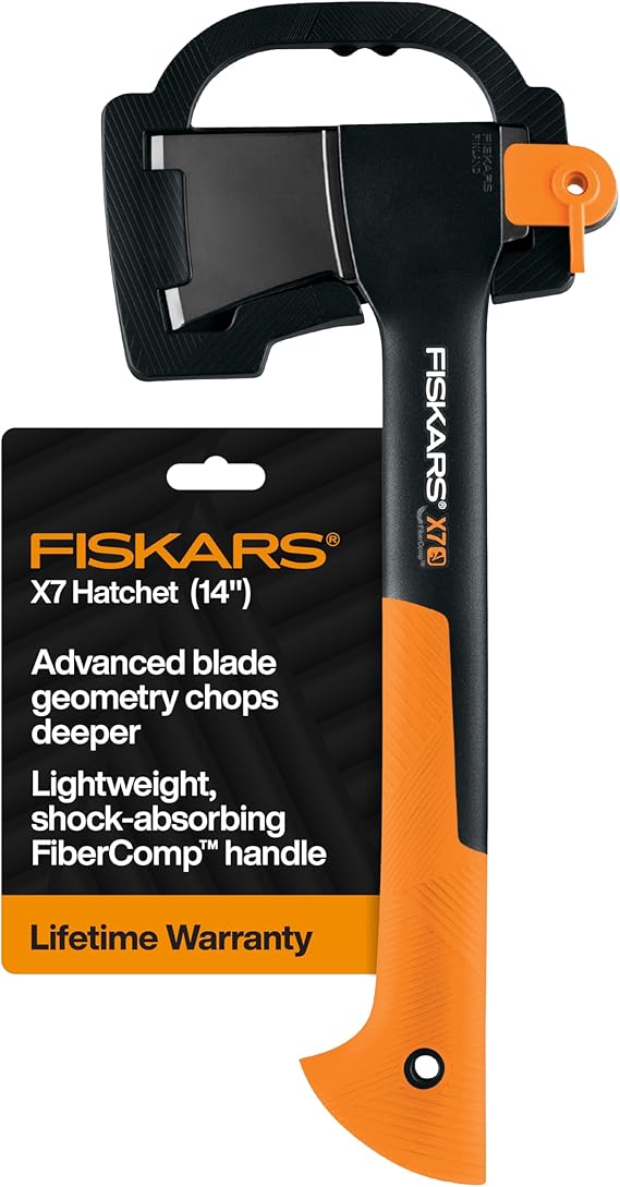 Fiskars X7 Small Hatchet Axe 14", for Camping & Chopping Wood Kindling | For Campfires Outdoors, Insert-Molded Forged Steel Head, Low-Friction Blade, Shock Absorbing Handle & Non-Slip Grip w/ Sheath
