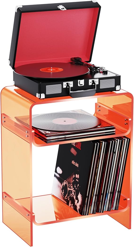 Acrylic Record Player Table with Storage Shelf, Clear Side Table Nightstand (Orange, Large)
