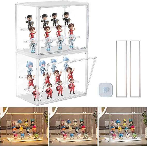 eYotto Acrylic Display Case with Sensor Light for Collectibles 2 Pack | Clear Stackable Box, 3 Light Colors, 3 Modes, Magnetic Door, Dust-Proof,Ideal for Collectibles, Resists Scratches