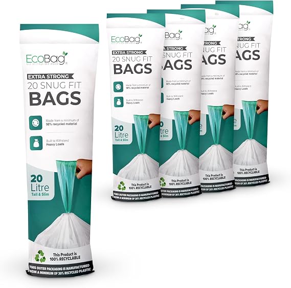 EcoBag - 100 Pack White Kitchen Drawstring Bin Liner - 20L - 24 Microns - Heavy Duty, Extra Strong, Eco-Friendly, Tear Resistant, Clear Recycling Bags (420 x 760mm)