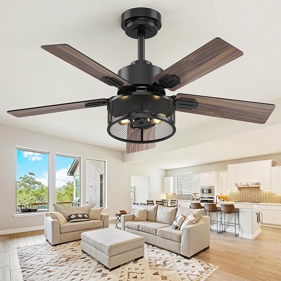 Farmhouse Ceiling Fans with Lights and Remote, 42 Inch Black Caged Ceiling Fan, Indoor/Outdoor Ceiling Fan with Dual-Color Blade Warm White Lighting for Bedroom, Patio, Kitchen, Living Room