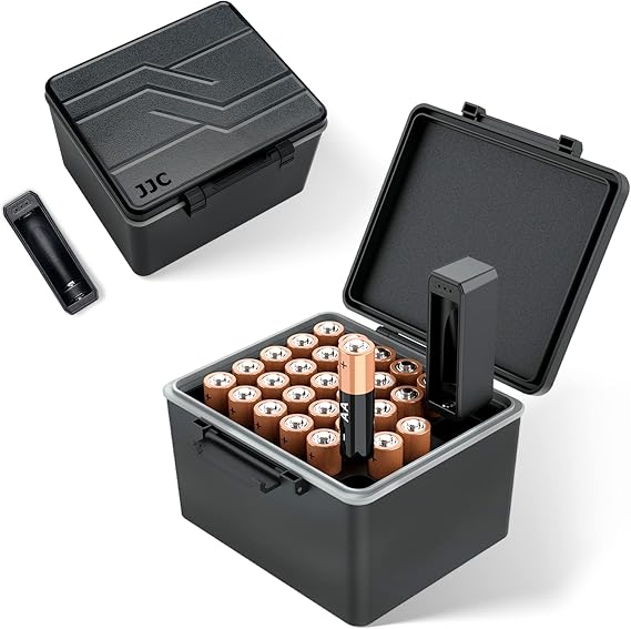 JJC 28 Slots AA Double A Battery Case Holder with Removable Battery Tester, Water-Resistant & Shockproof AA Battery Storage Box